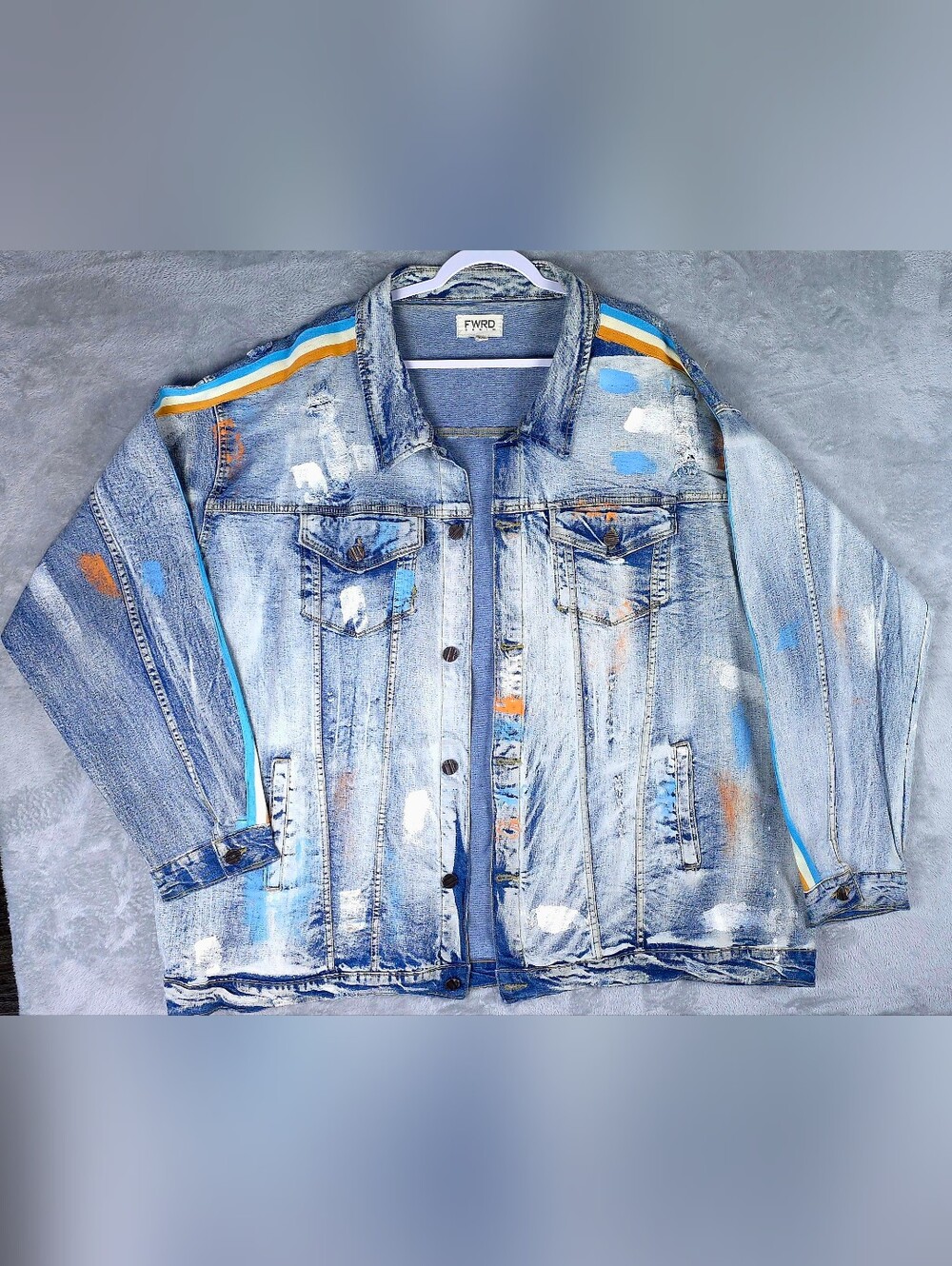 FWRD Denim Jacket Mens 5XL Light Wash Paint Splatter Distressed Trucker Stripe